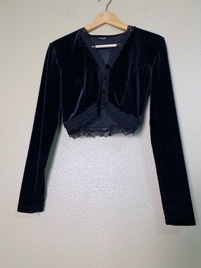 Y2K Sagaie Paris Black Velvet Lace-Trim Cropped Top Victorian Goth Steampunk 2